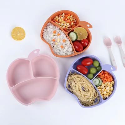 안티 슬리프 실리콘 식탁 접시 통합 안티 드롭 베이비 식탁 접시 사과 모양 어린이 식탁용품 흡입컵 그릇